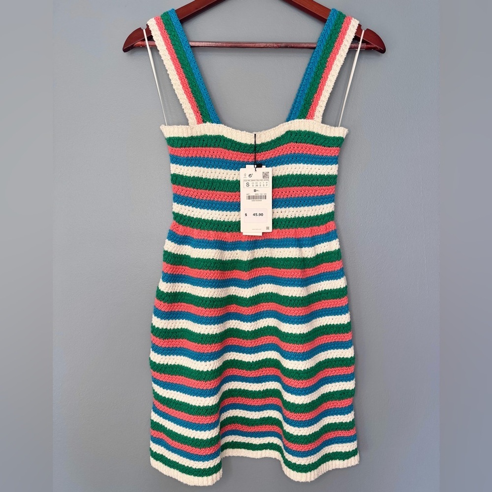 NWT ZARA Colorful Crochet Striped Knit Mini Dress Retro Summer Boho | Size Small